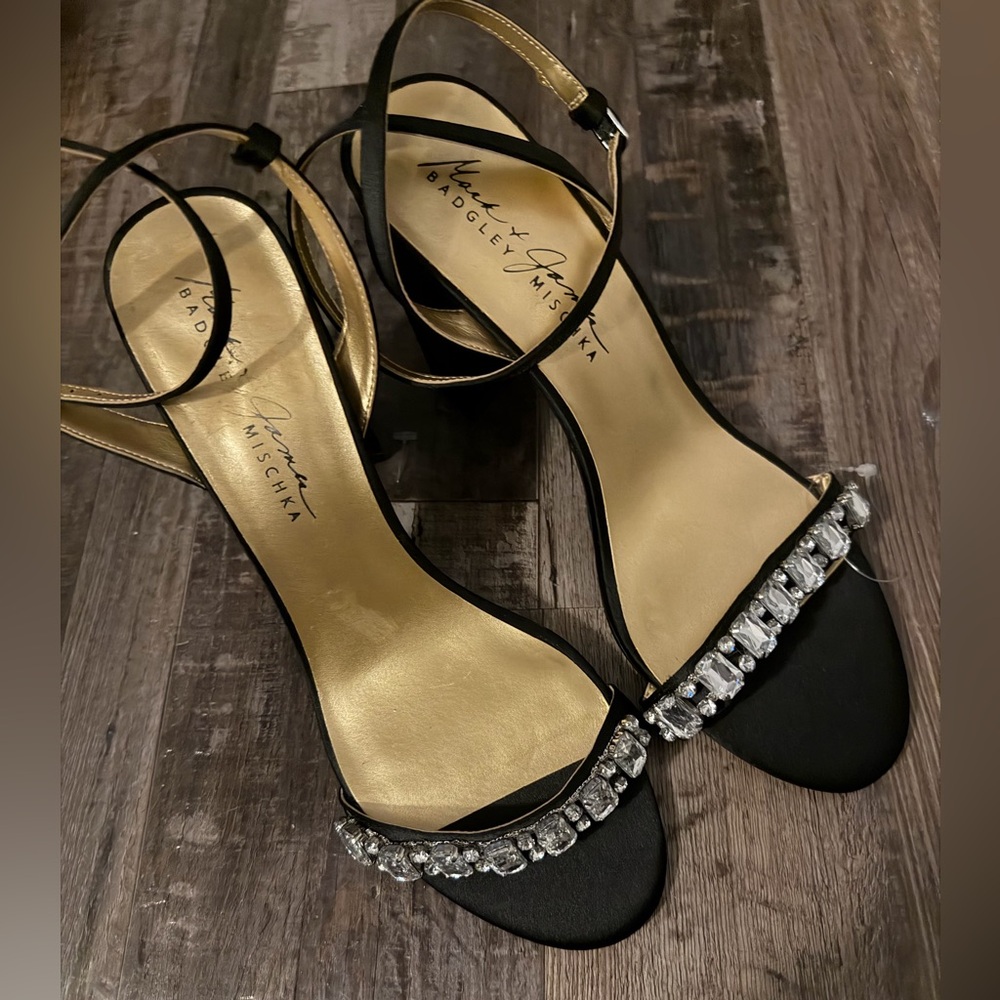 Badgley Mischka Black Satin Ankle Strap Jeweled Block Heel Sandals 10